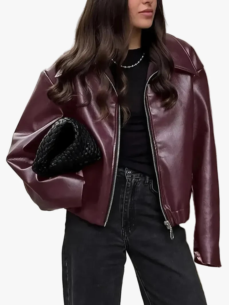 Women's bomber jacket with coated finish and point collar