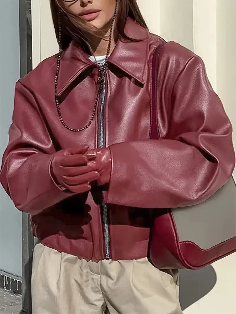 Women's bomber jacket with coated finish and point collar