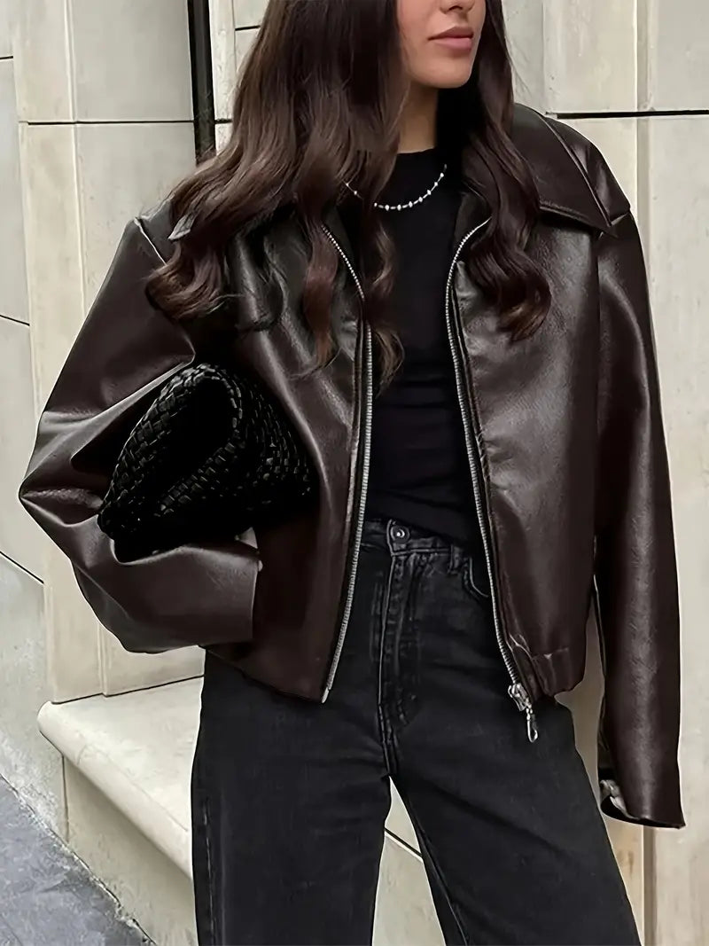 Women's bomber jacket with coated finish and point collar