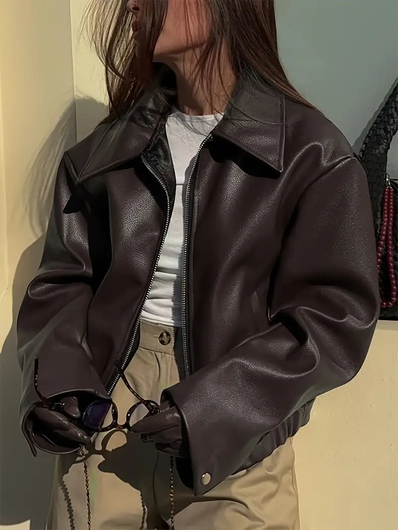 Women's bomber jacket with coated finish and point collar