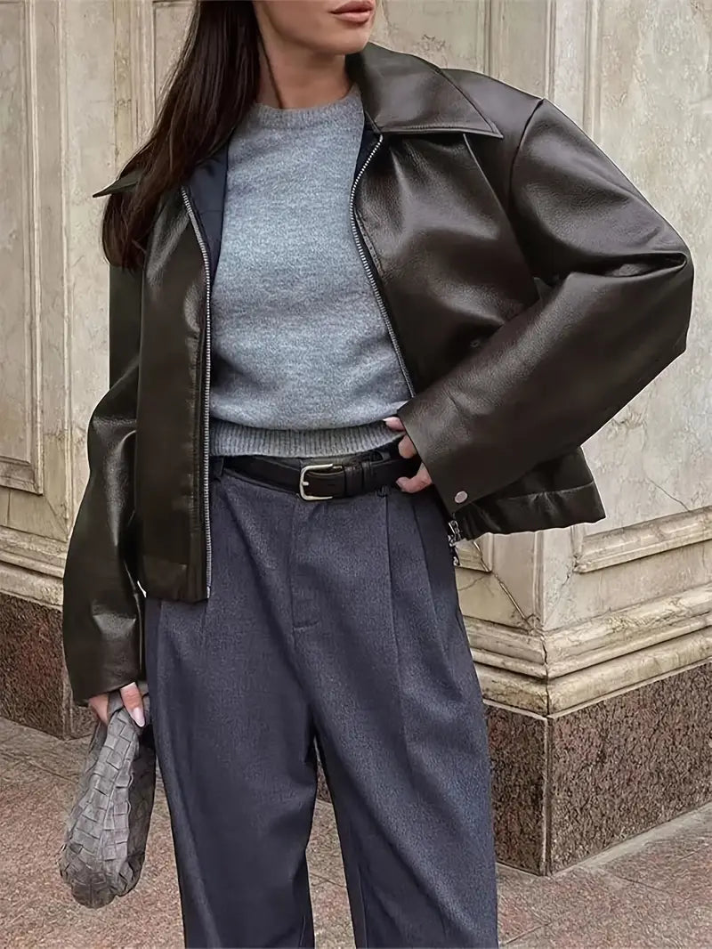 Women's bomber jacket with coated finish and point collar