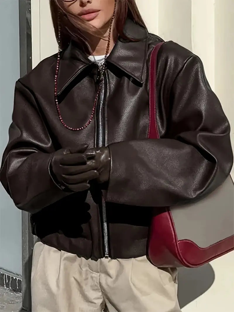 Women's bomber jacket with coated finish and point collar