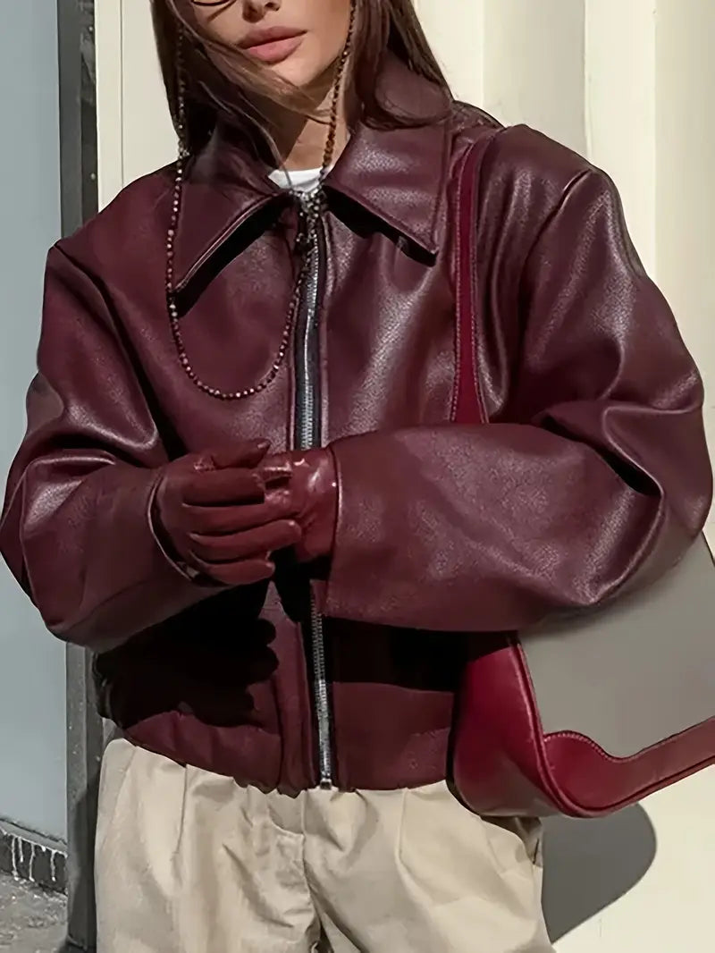 Women's bomber jacket with coated finish and point collar