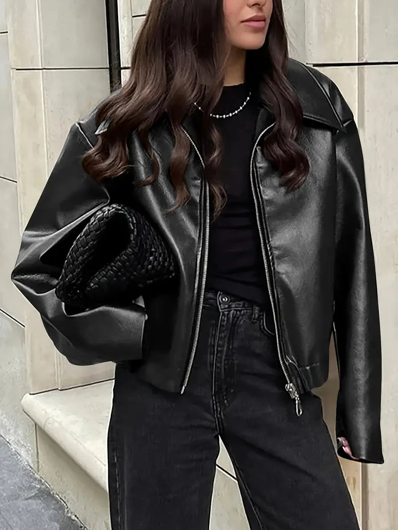 Women's bomber jacket with coated finish and point collar