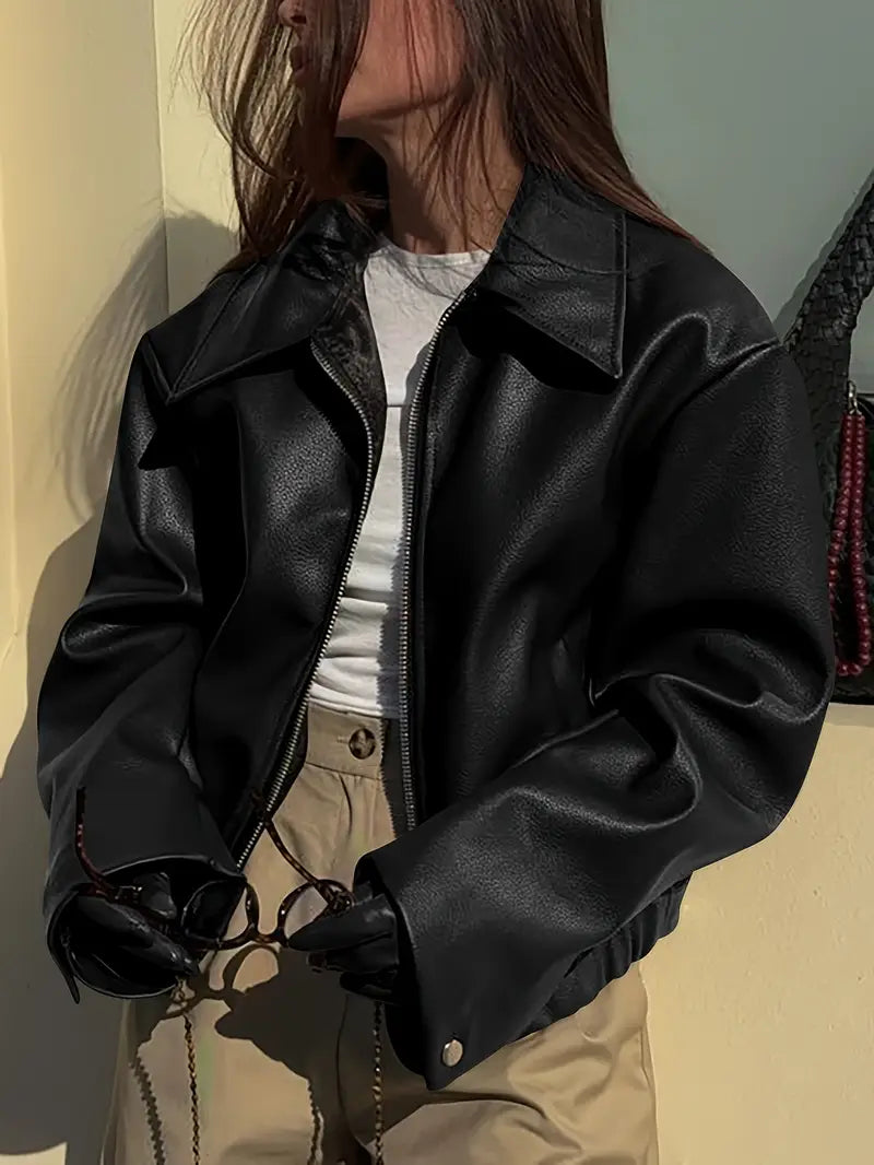 Women's bomber jacket with coated finish and point collar