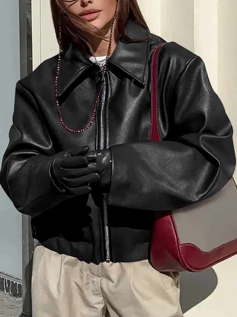 Women's bomber jacket with coated finish and point collar
