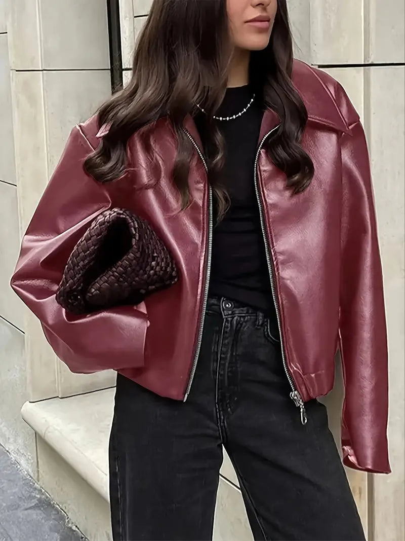 Women's bomber jacket with coated finish and point collar