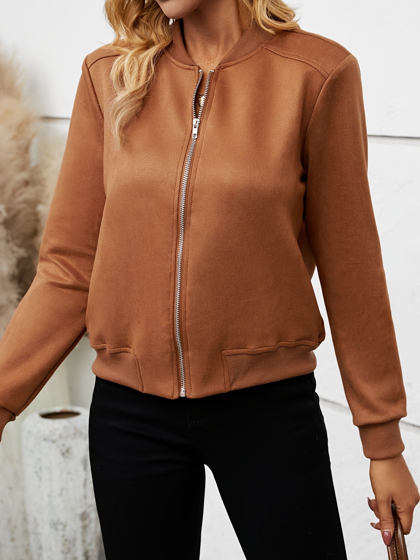Women's bomber jacket with zip front and ribbed trim
