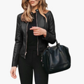 Women's Bomber-Style Polyurethane Jacket with Zip Front and Stand Collar