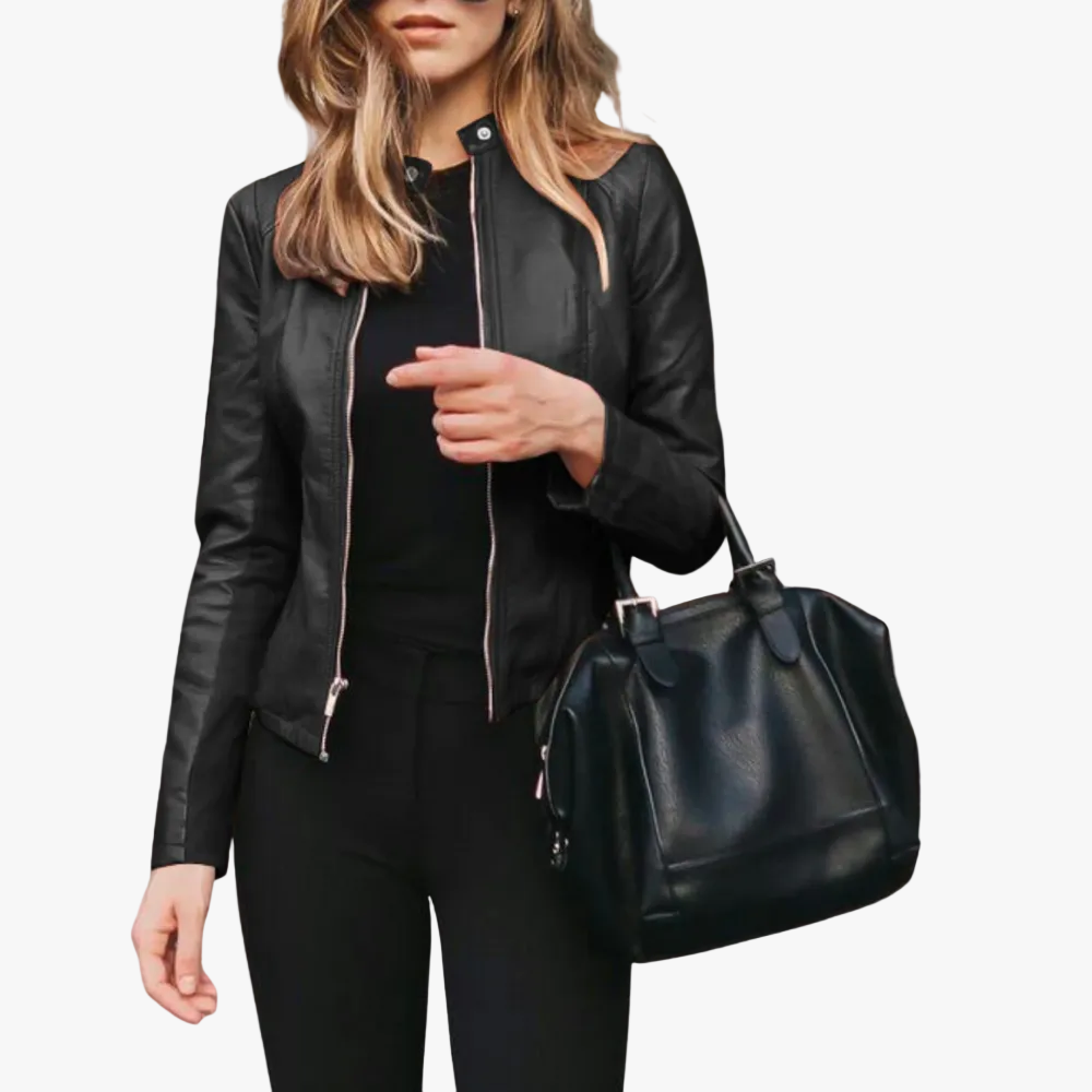 Women's Bomber-Style Polyurethane Jacket with Zip Front and Stand Collar
