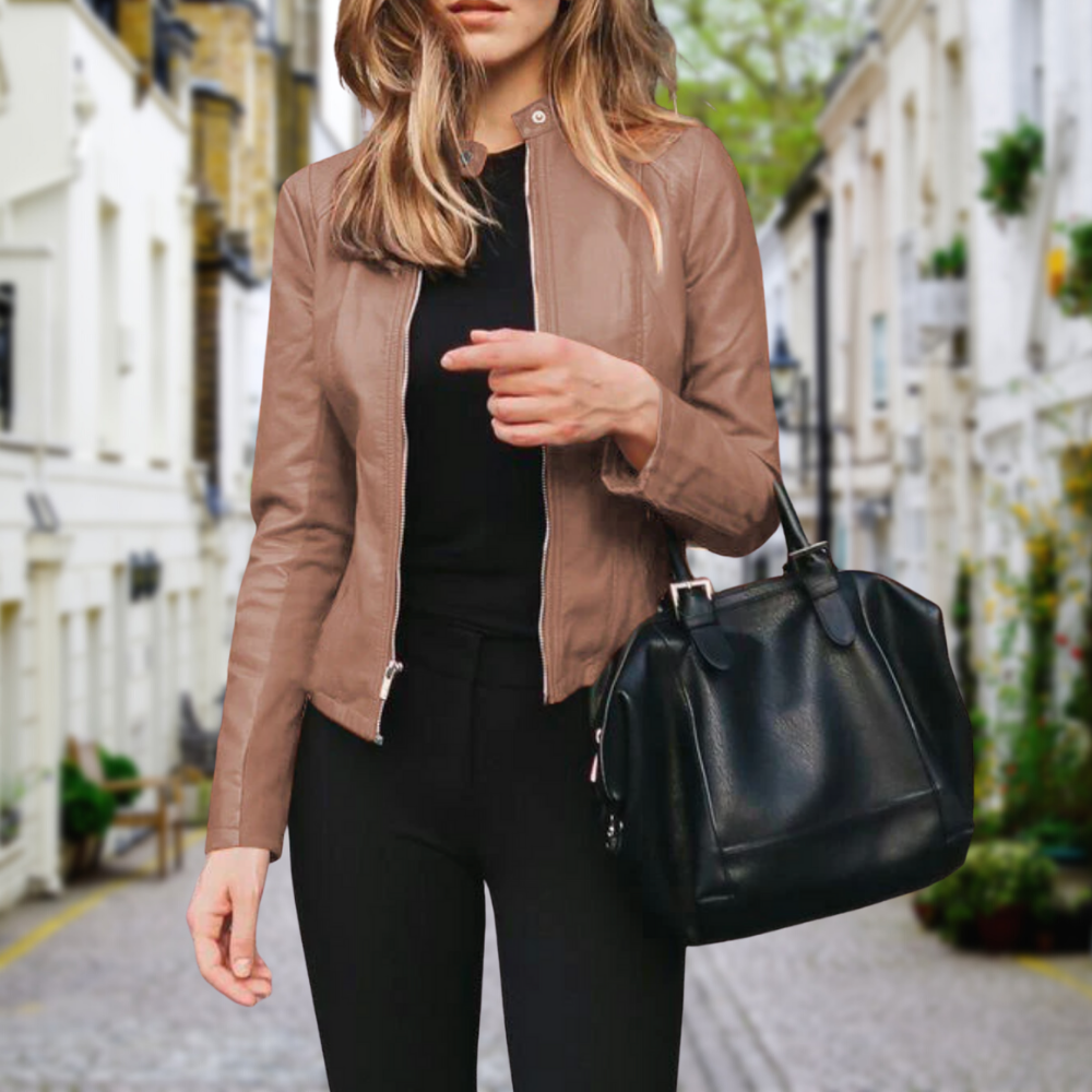 Women's Bomber-Style Polyurethane Jacket with Zip Front and Stand Collar
