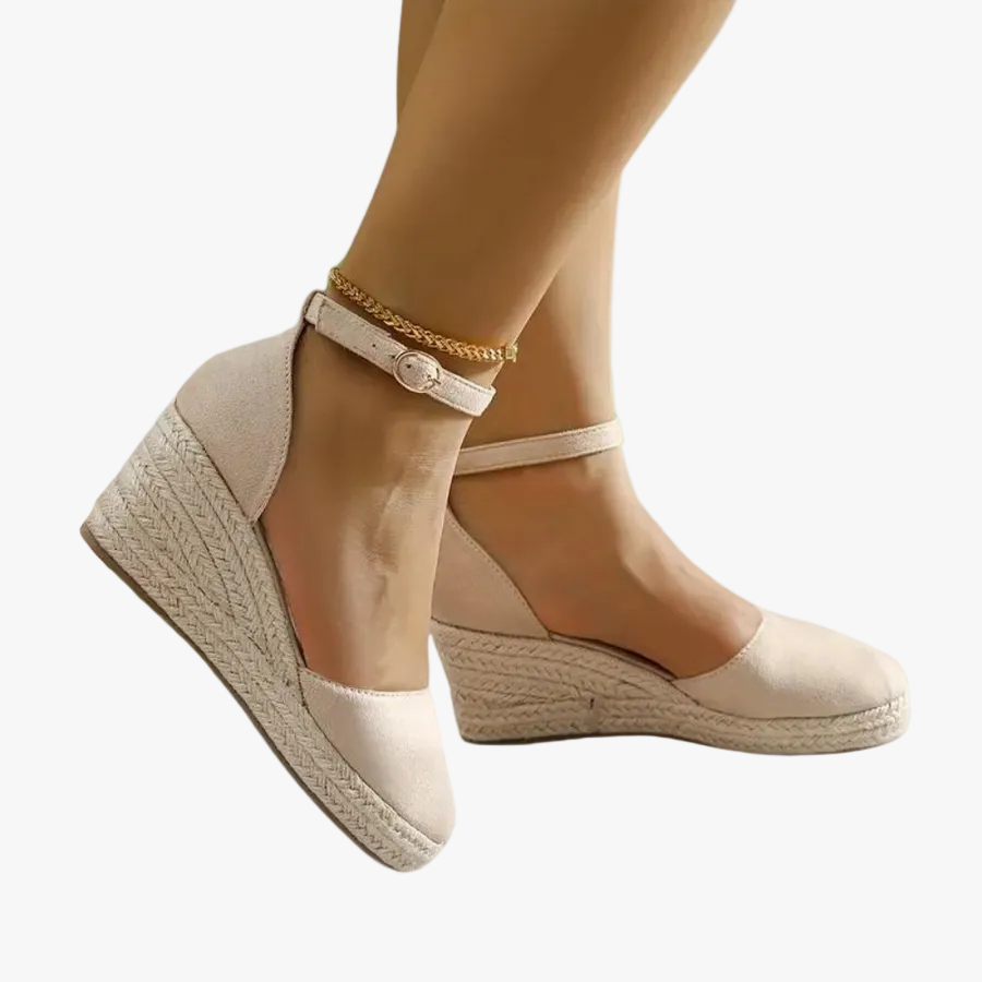 Women's Canvas Wedge Heels with Buckle Ankle Strap and Closed Toe