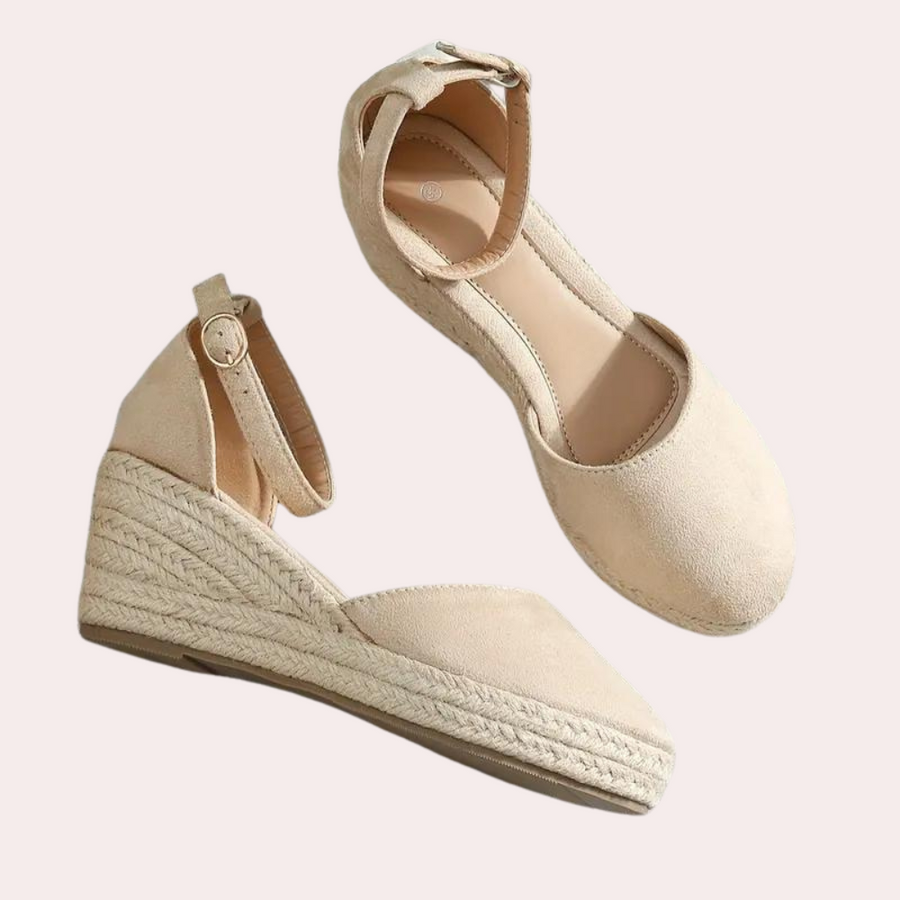 Women's Canvas Wedge Heels with Buckle Ankle Strap and Closed Toe