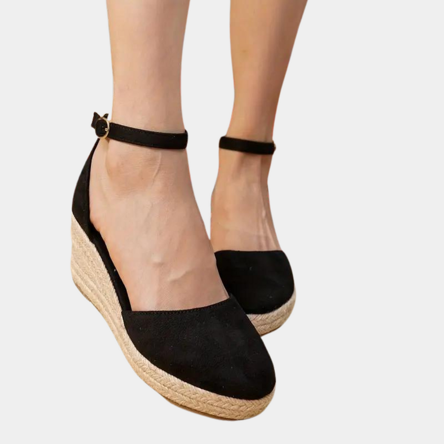 Women's Canvas Wedge Heels with Buckle Ankle Strap and Closed Toe