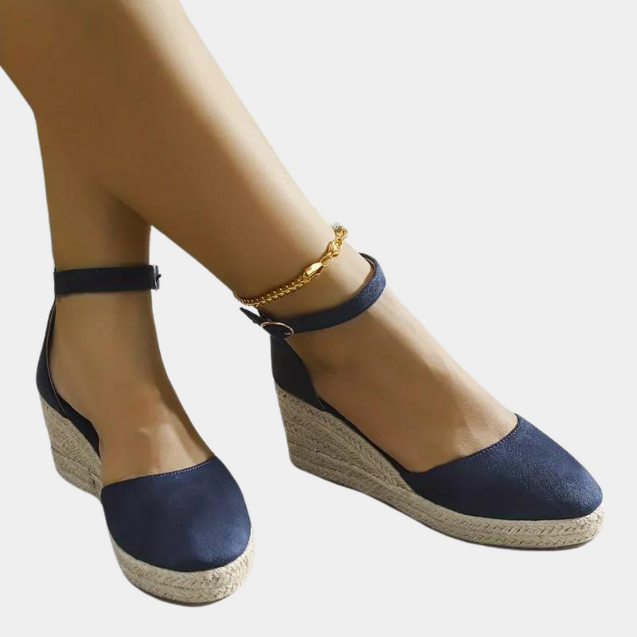 Women's Canvas Wedge Heels with Buckle Ankle Strap and Closed Toe