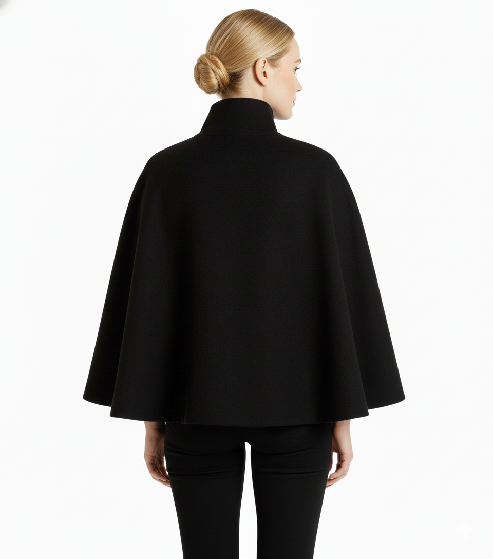 Women's Cape Coat in Felted Textile with Stand Collar and Belt