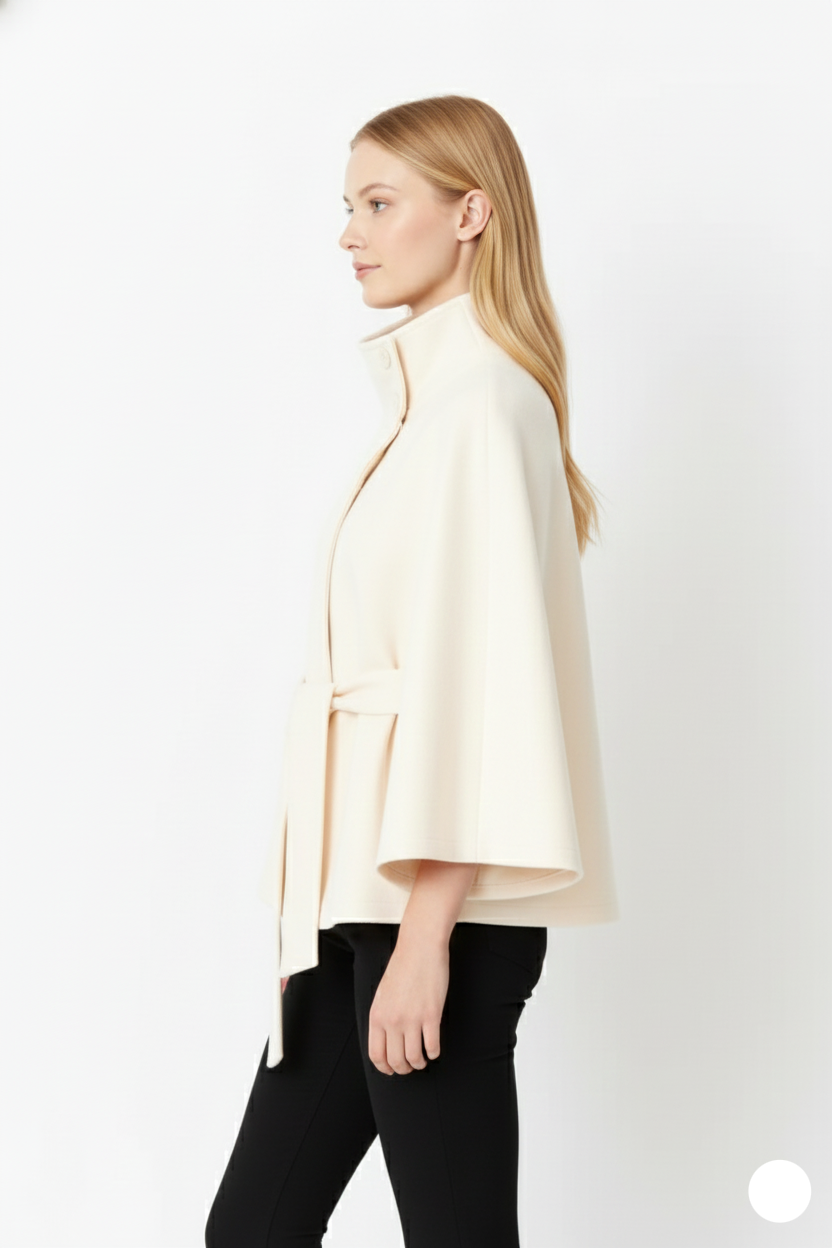 Women's Cape Coat in Felted Textile with Stand Collar and Belt
