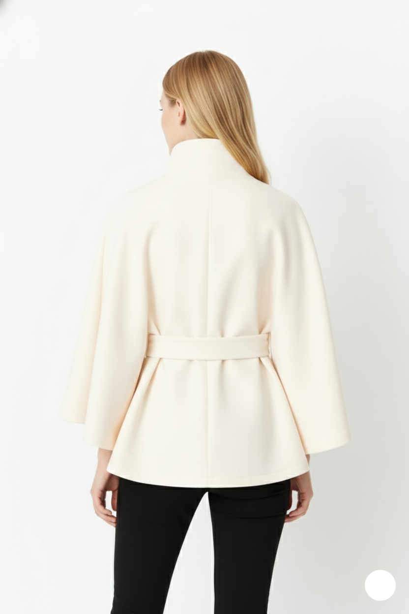 Women's Cape Coat in Felted Textile with Stand Collar and Belt