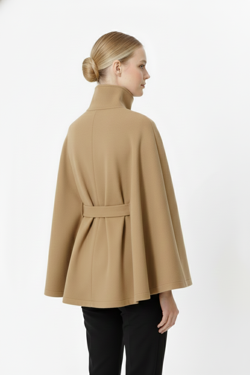 Women's Cape Coat in Felted Textile with Stand Collar and Belt