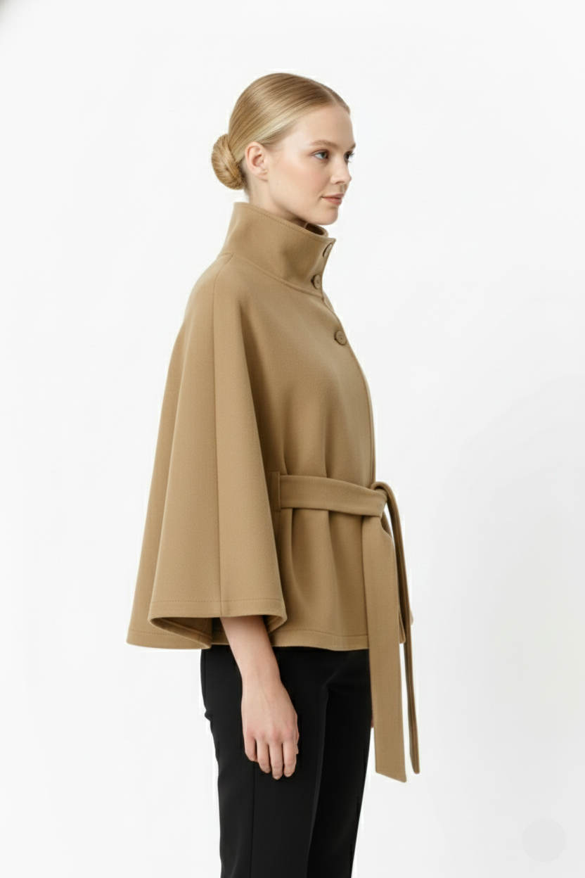 Women's Cape Coat in Felted Textile with Stand Collar and Belt