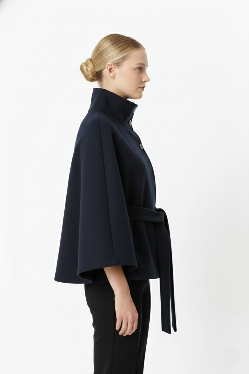 Women's Cape Coat in Felted Textile with Stand Collar and Belt