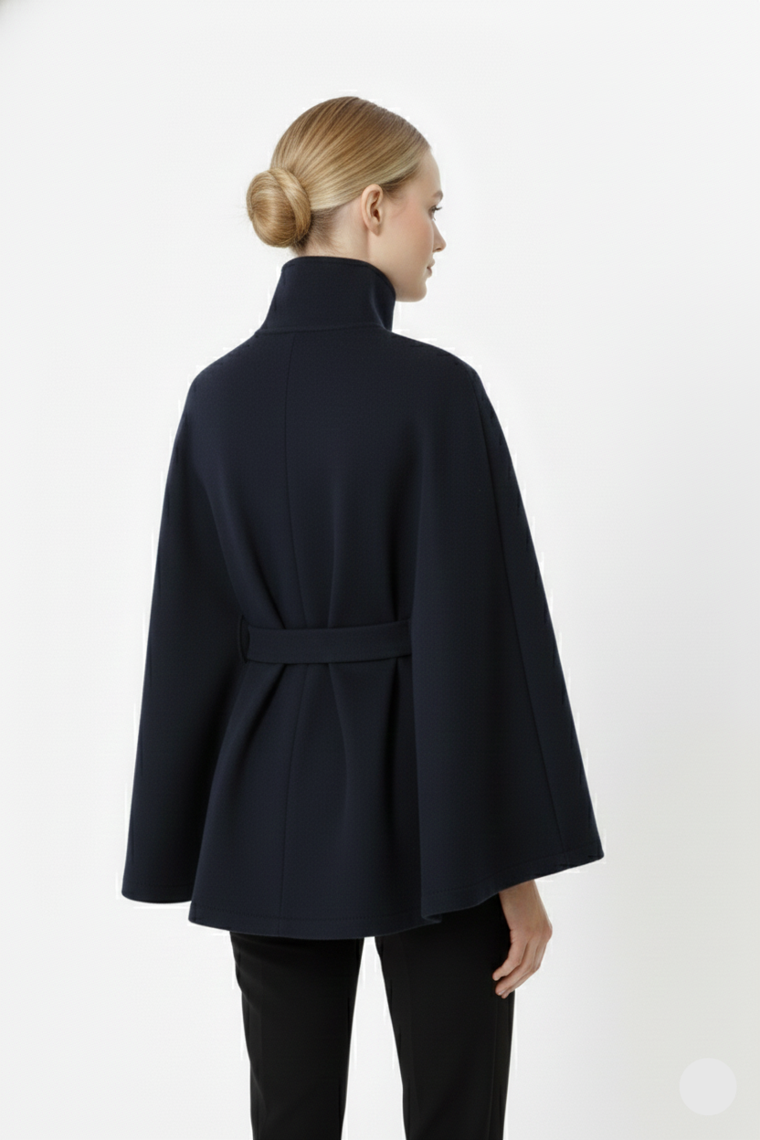 Women's Cape Coat in Felted Textile with Stand Collar and Belt