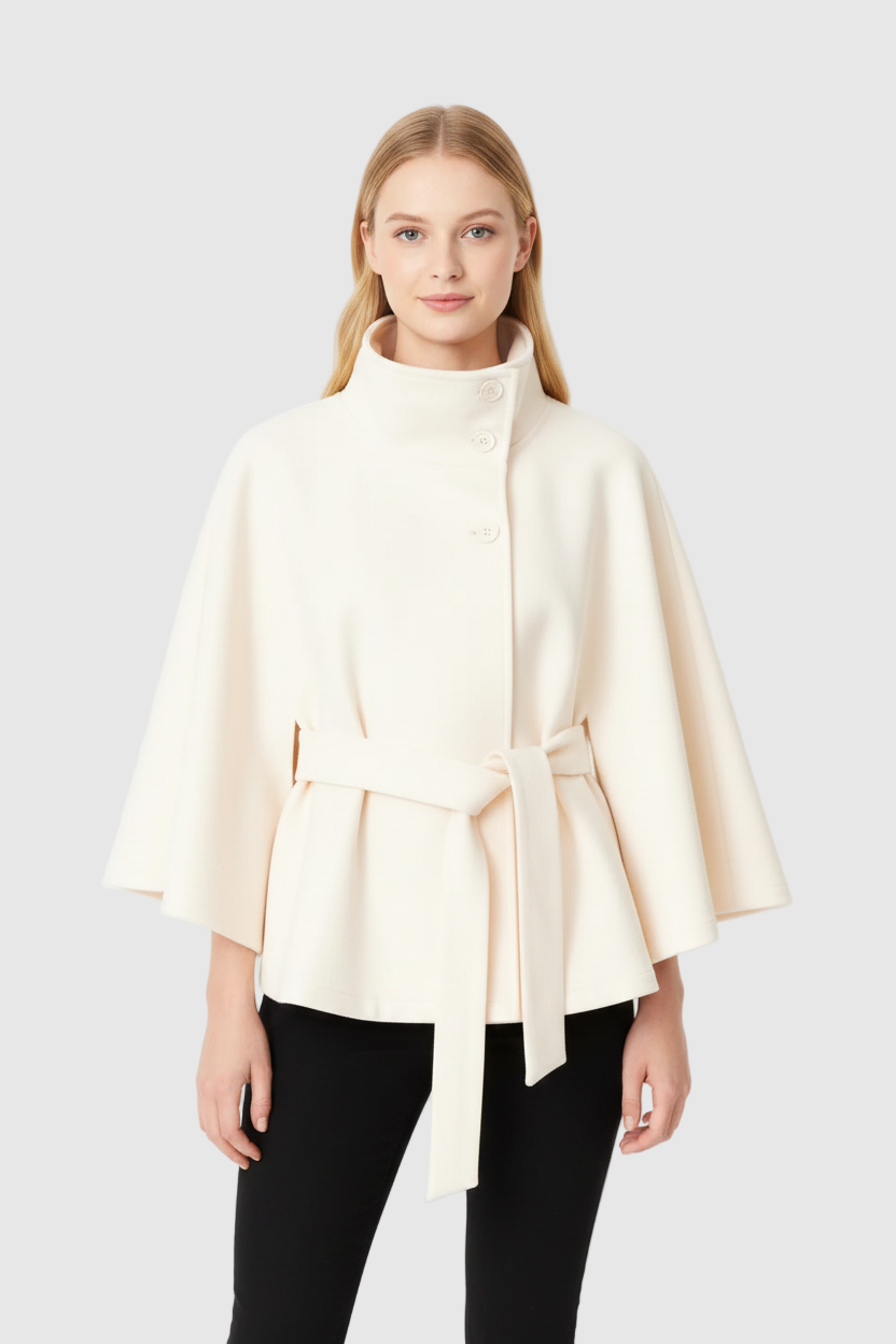 Women's Cape Coat in Felted Textile with Stand Collar and Belt