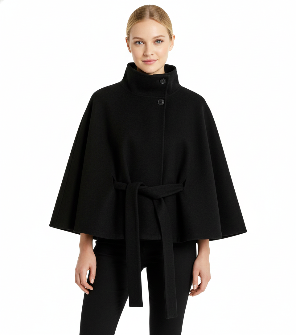 Women's Cape Coat in Felted Textile with Stand Collar and Belt