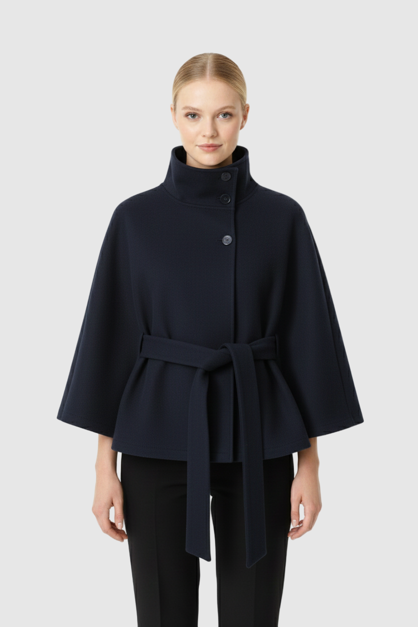 Women's Cape Coat in Felted Textile with Stand Collar and Belt
