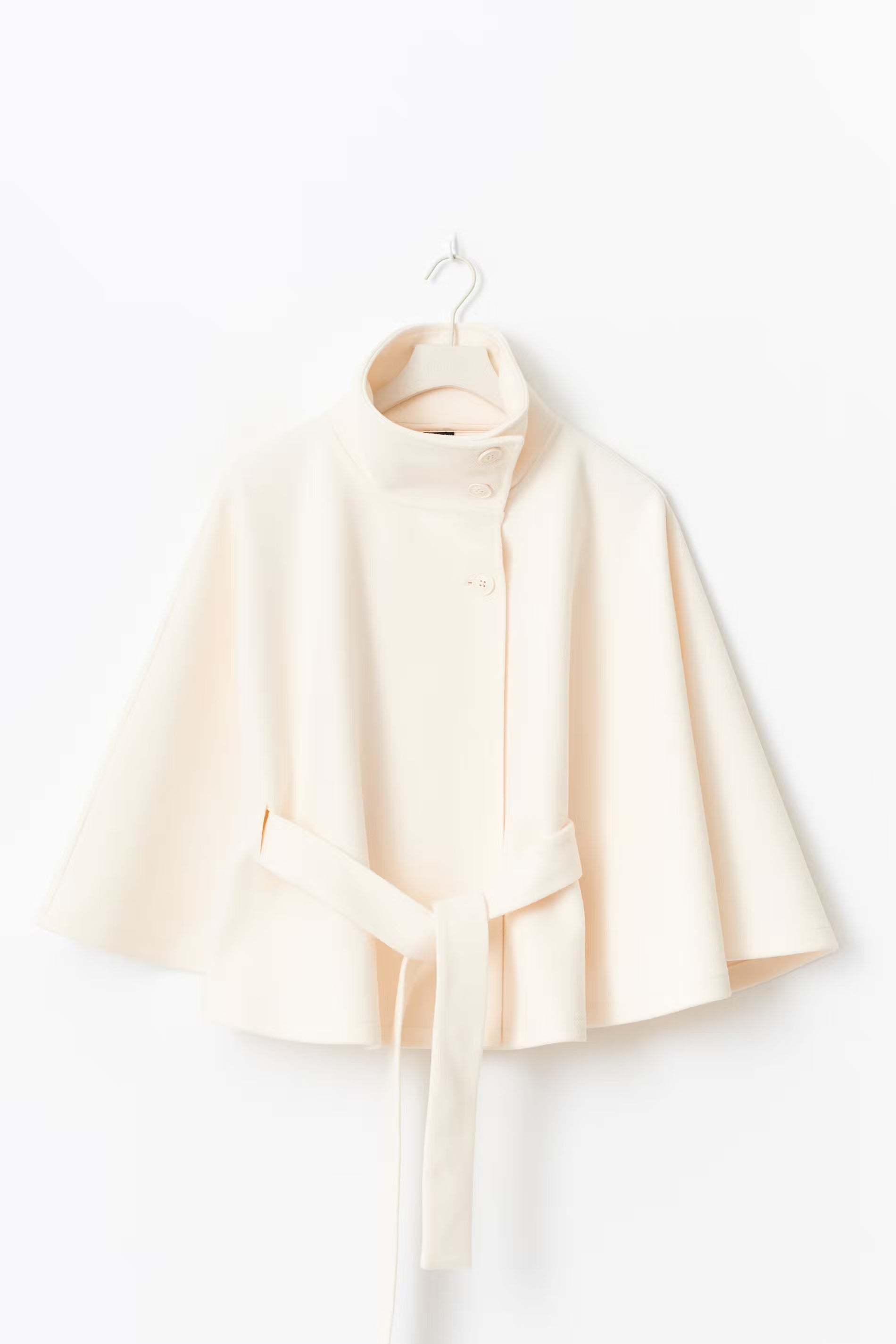 Women's Cape Coat in Felted Textile with Stand Collar and Belt