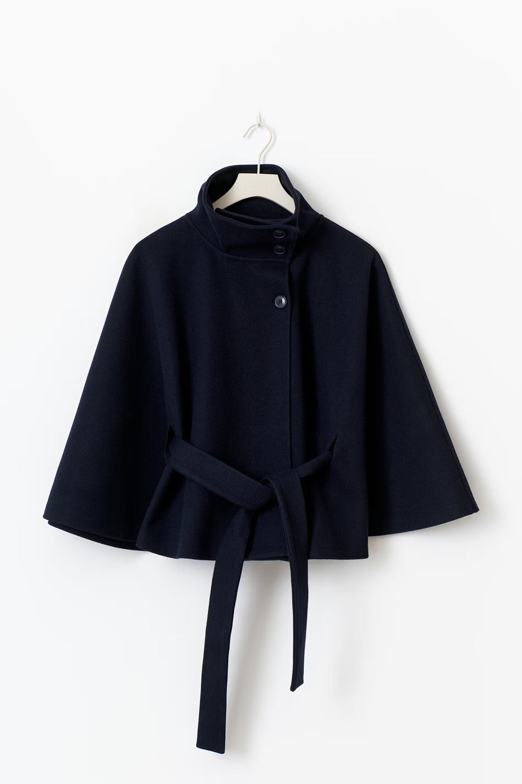 Women's Cape Coat in Felted Textile with Stand Collar and Belt