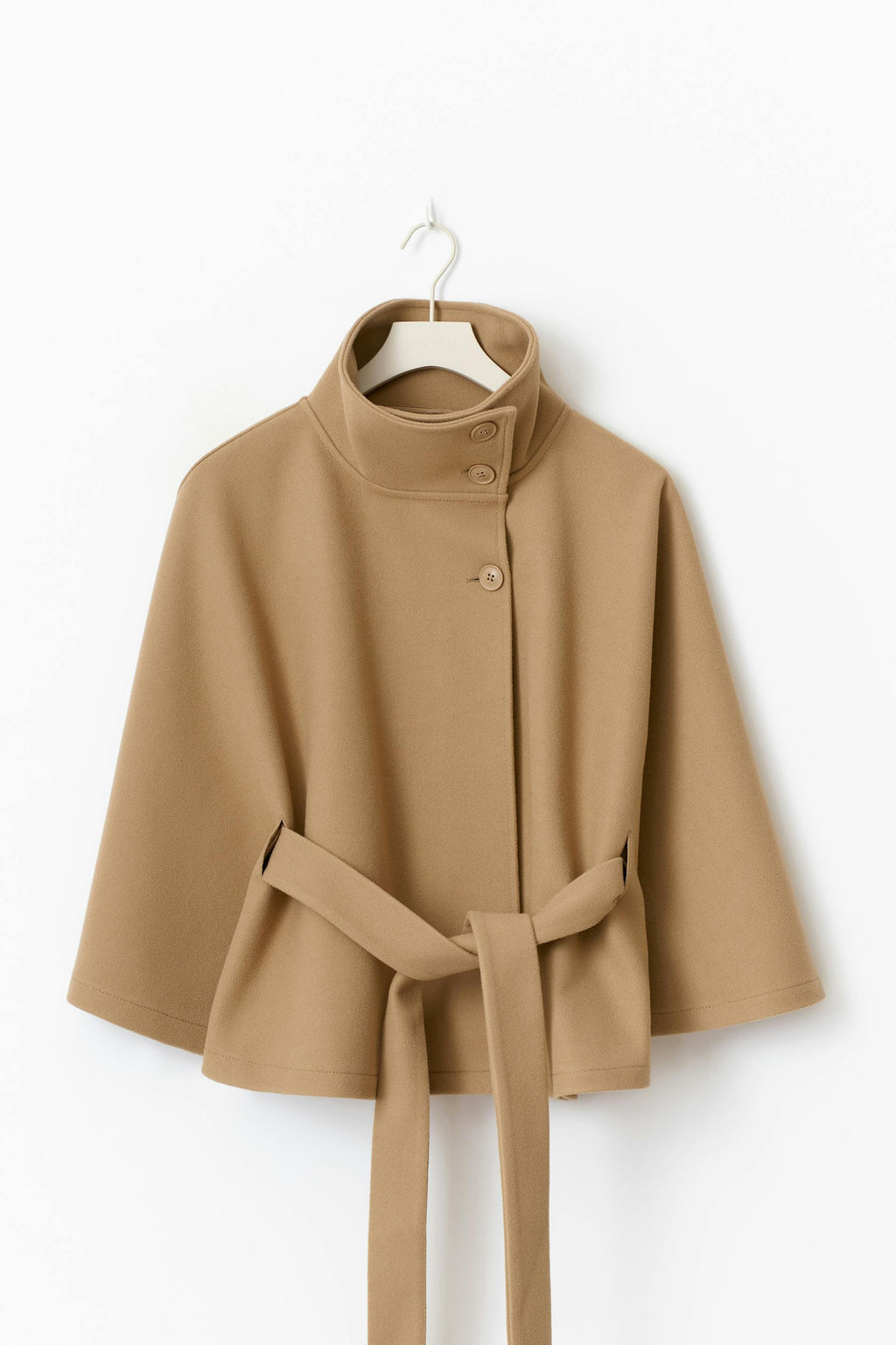 Women's Cape Coat in Felted Textile with Stand Collar and Belt