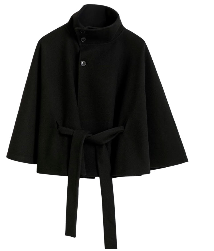 Women's Cape Coat in Felted Textile with Stand Collar and Belt