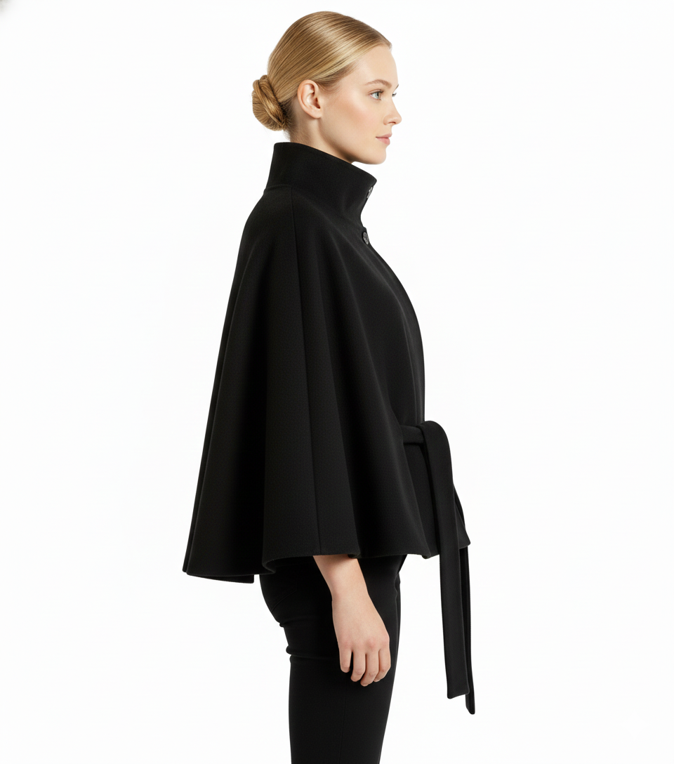 Women's Cape Coat in Felted Textile with Stand Collar and Belt