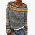 Women's Casual Acrylic Sweater with Boat Neck and Nordic Yoke