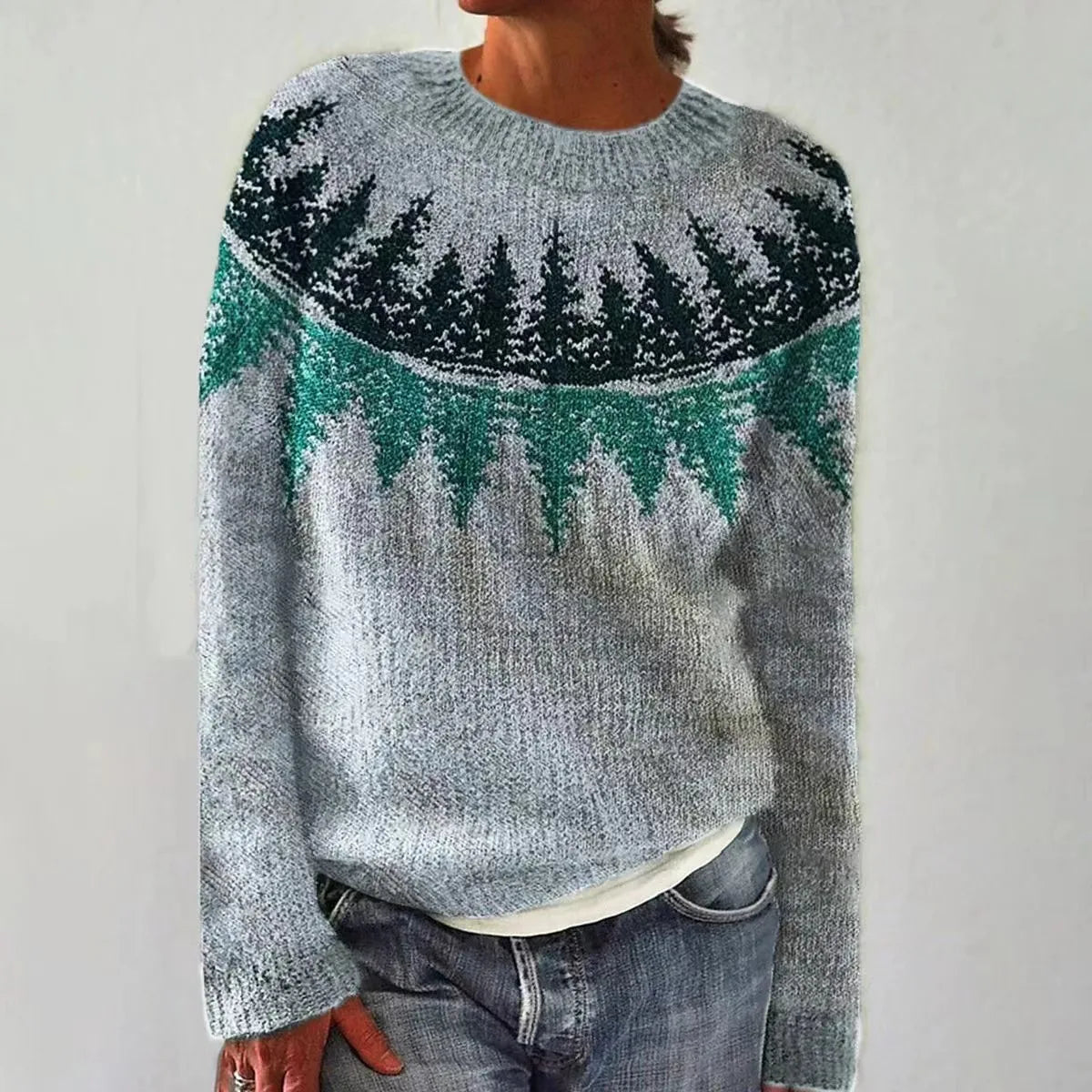 Women's Casual Acrylic Sweater with Boat Neck and Nordic Yoke