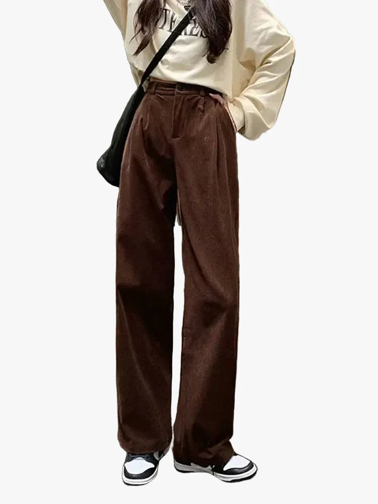 Women's Casual Corduroy Pants with High-Rise Waist and Wide Legs