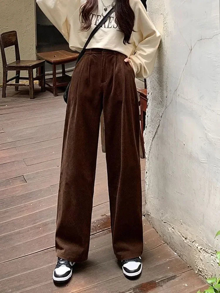 Women's Casual Corduroy Pants with High-Rise Waist and Wide Legs