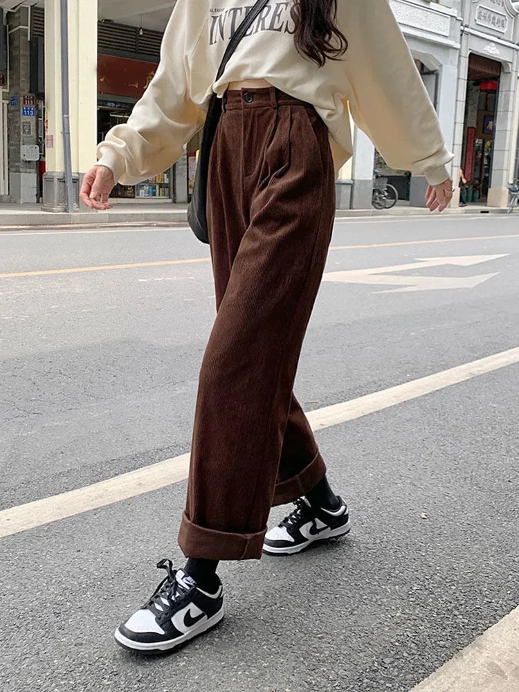 Women's Casual Corduroy Pants with High-Rise Waist and Wide Legs