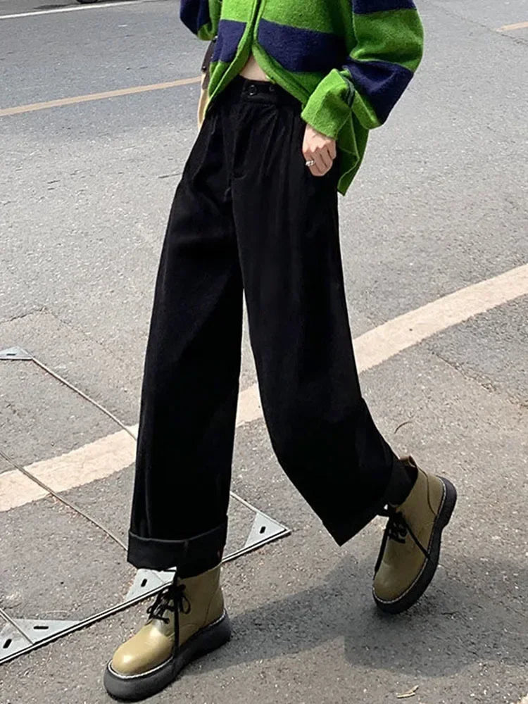 Women's Casual Corduroy Pants with High-Rise Waist and Wide Legs