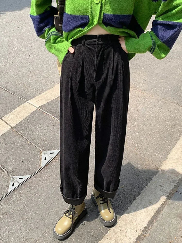Women's Casual Corduroy Pants with High-Rise Waist and Wide Legs