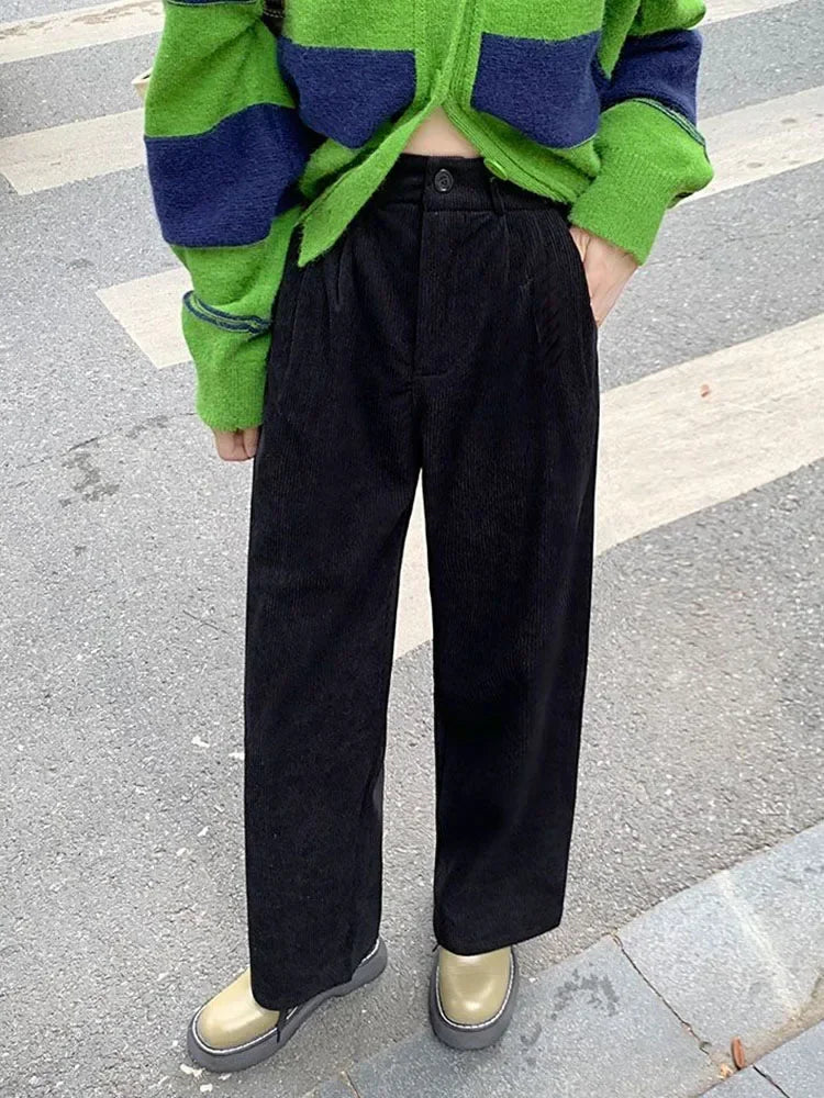 Women's Casual Corduroy Pants with High-Rise Waist and Wide Legs