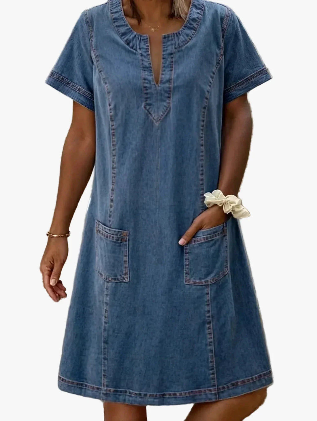 Women's Casual Denim Midi Dress with Notch Neck and Patch Pockets