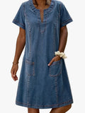 Women's Casual Denim Midi Dress with Notch Neck and Patch Pockets