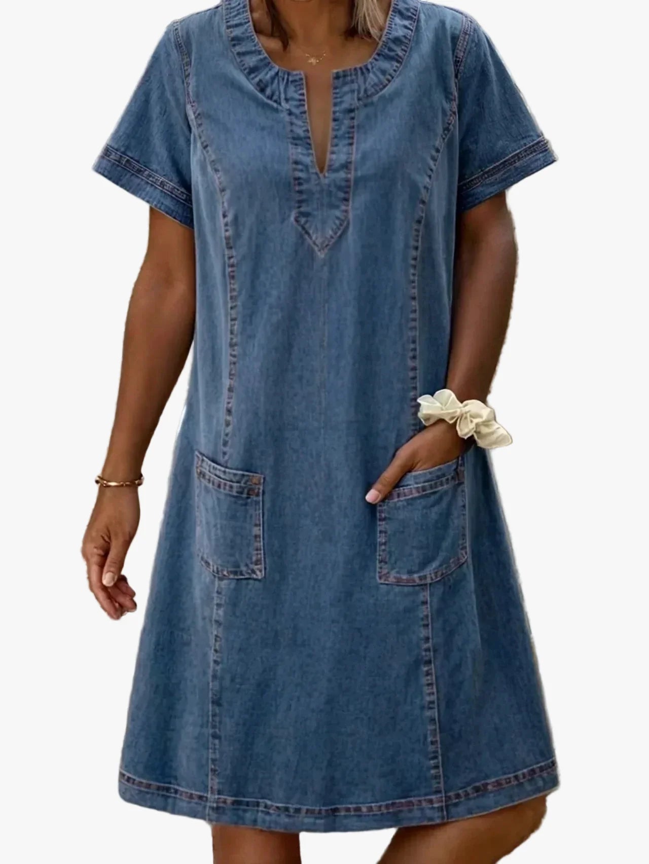 Women's Casual Denim Midi Dress with Notch Neck and Patch Pockets