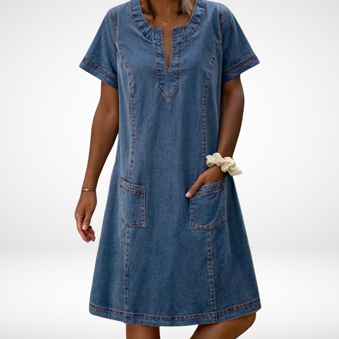 Women's Casual Denim Midi Dress with Notch Neck and Patch Pockets