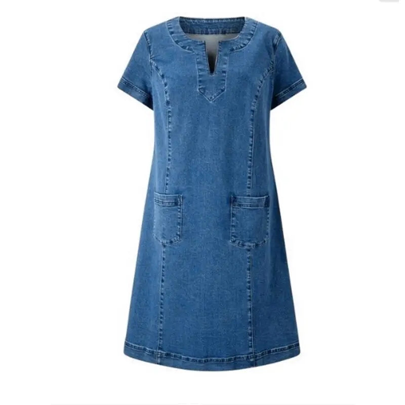 Women's Casual Denim Midi Dress with Notch Neck and Patch Pockets