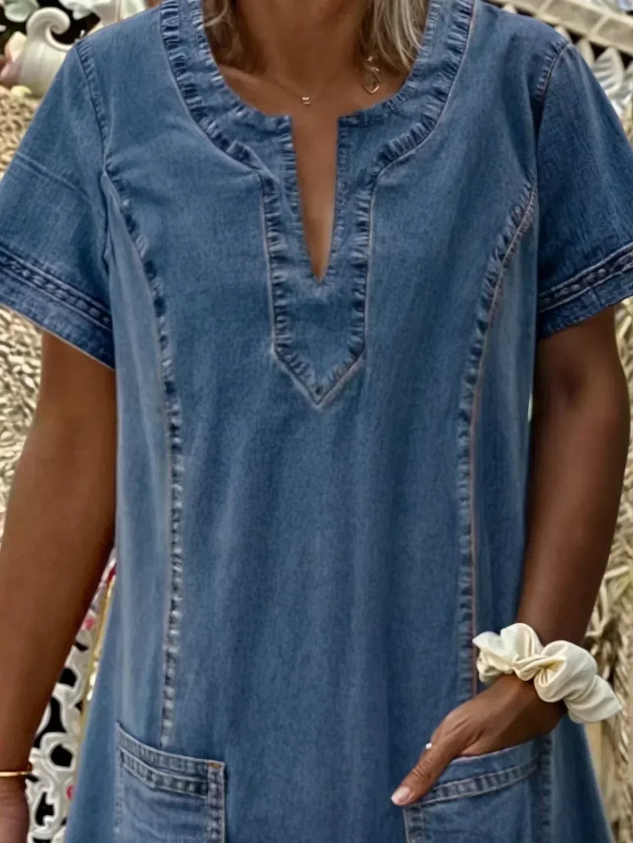 Women's Casual Denim Midi Dress with Notch Neck and Patch Pockets