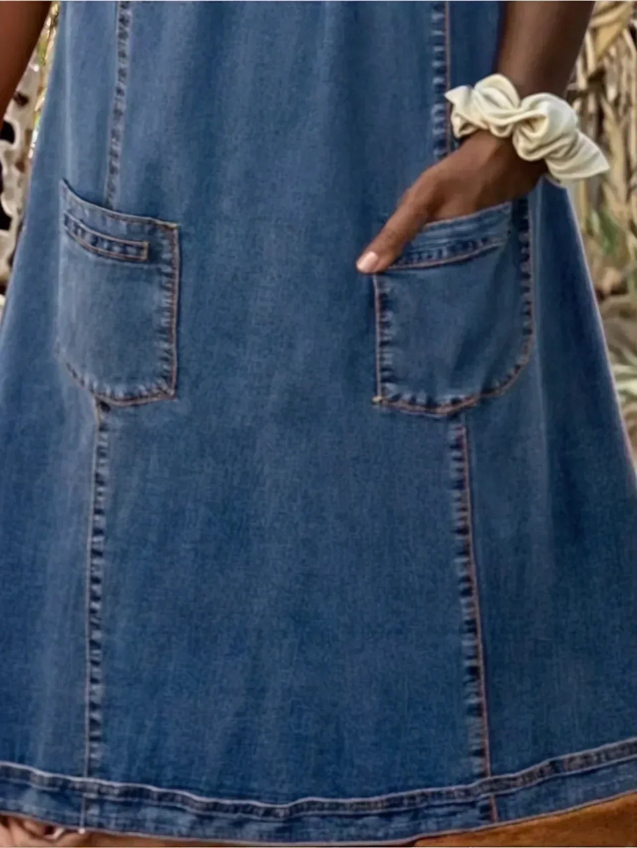 Women's Casual Denim Midi Dress with Notch Neck and Patch Pockets