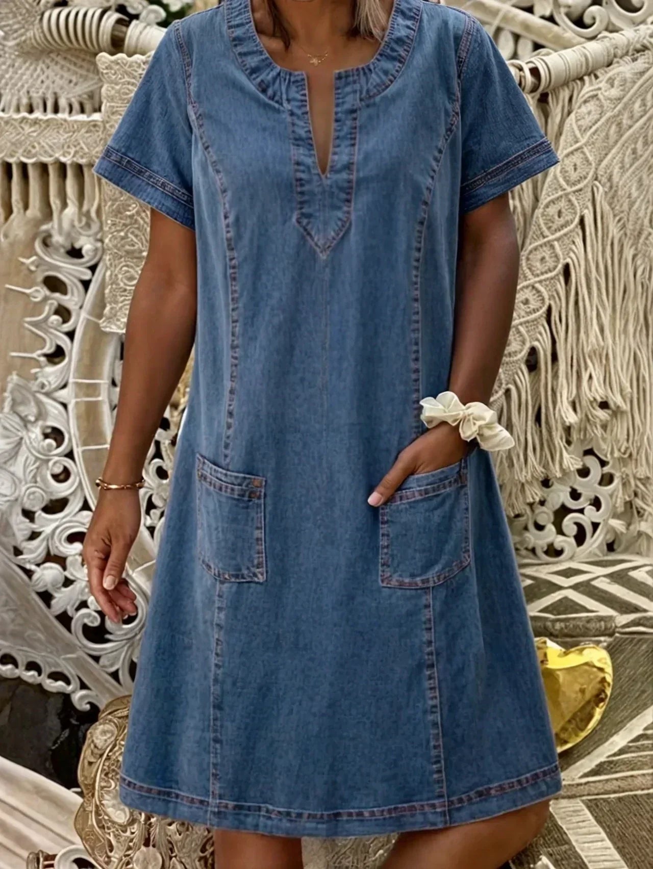 Women's Casual Denim Midi Dress with Notch Neck and Patch Pockets
